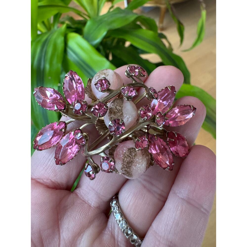 Vintage Beau Jewels Pink Rhinestone Glass Bead Brooch Unsigned Sparkly Jewelry!